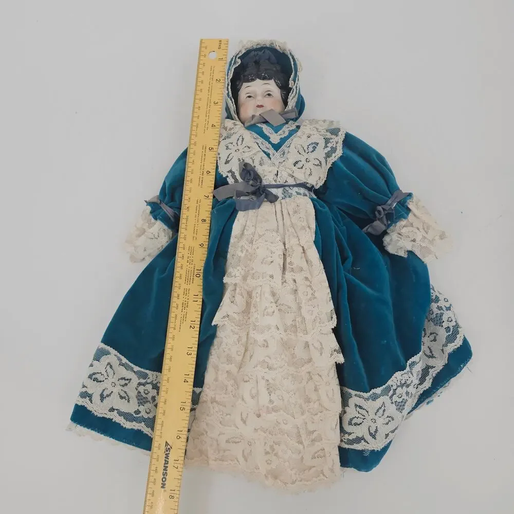 Rare Fine China Head Doll Blue Victorian Velvet & Lace Dress Circa 1980s 17